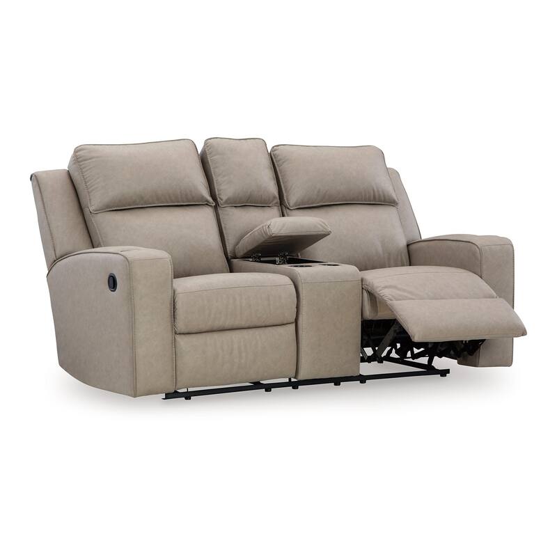 Livie Manual Recliner Loveseat, Console, Beige Gray Faux Leather 77in