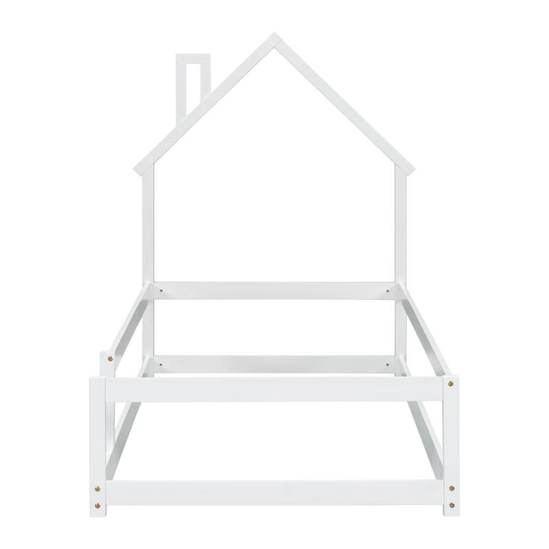 Whimsical Twin Floor Bed with House-Style Headboard and Full-Length Guardrails for Kids