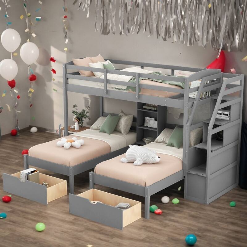 Triple Twin over Twin&Twin Bunk Bed with Drawers Staircase and Shelves, Grey