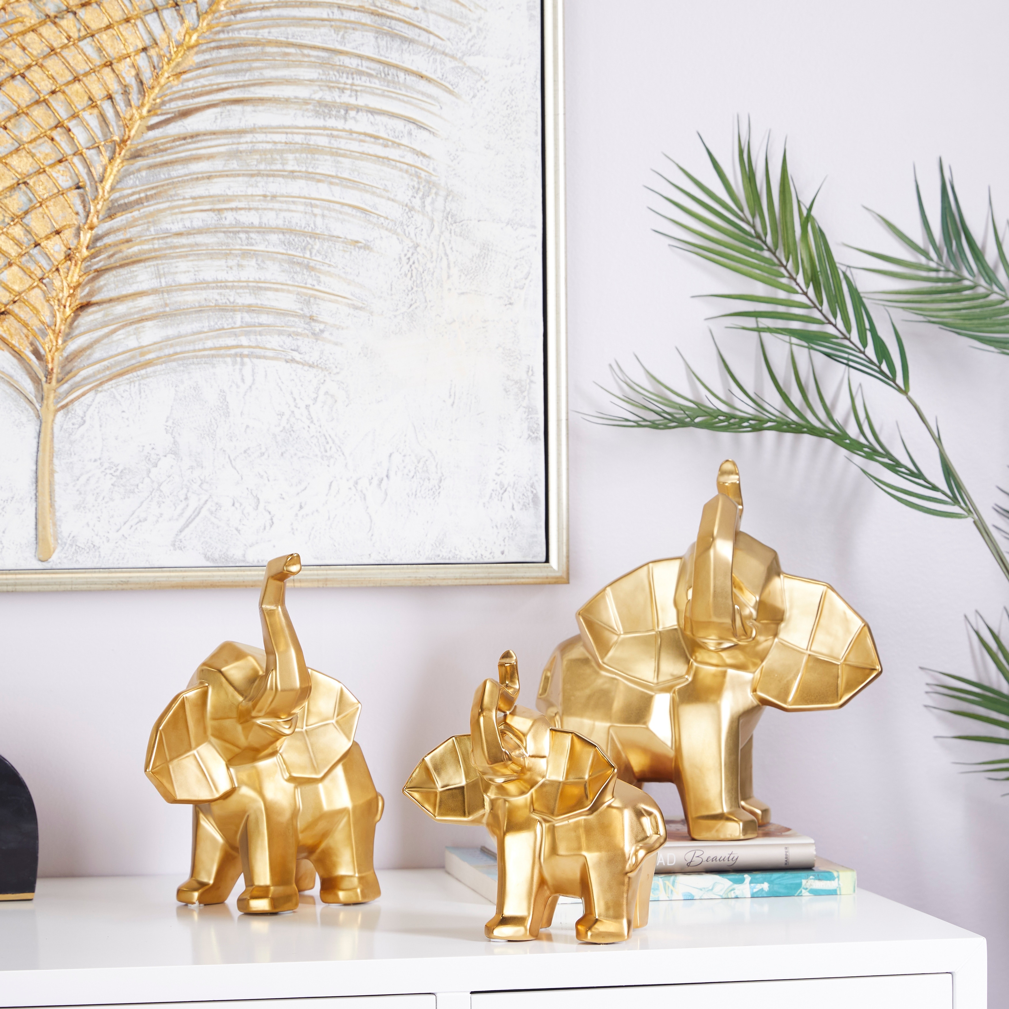 Silver or Gold Porcelain Cubist Elephant Sculpture (Set of 3)