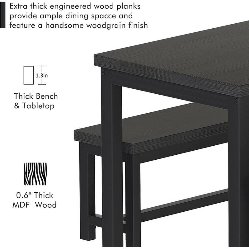 Industrial 3-Piece Dining Table Set, Retro Wood Kitchen Table Set with 2 Benches for Home Kitchen, Dining Room, Restaurant