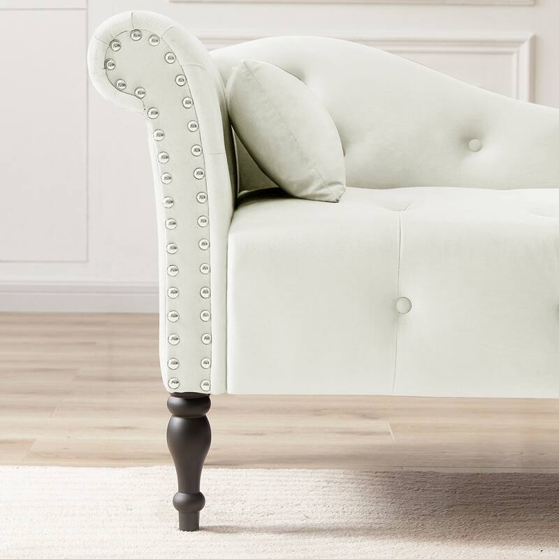 60.6" Velvet Chaise Lounge Buttons Tufted Nailhead Trimmed Solid Wood Legs with 1 Pillow,Blue (Left Arm Design)