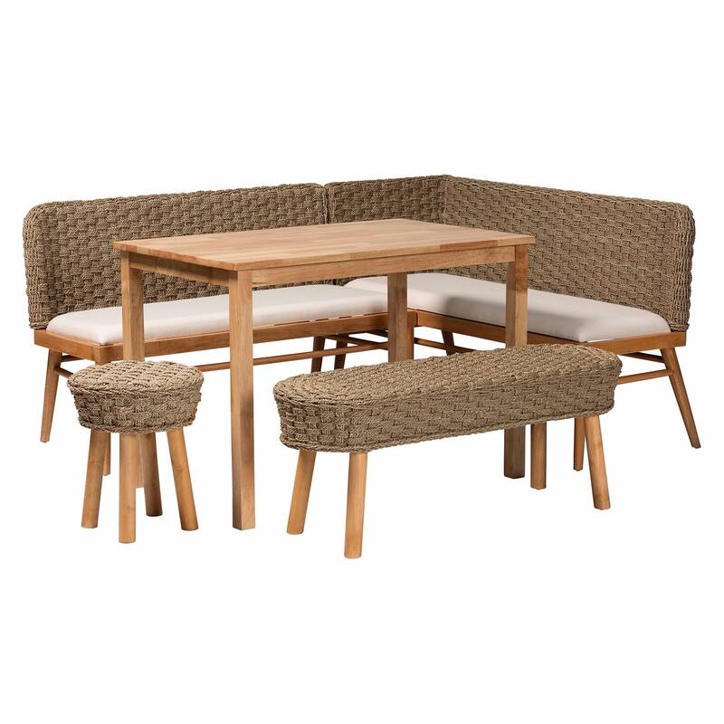Denver Modern Bohemian Natural Seagrass and Acacia Wood Dining Nook Set - 5-Piece Set