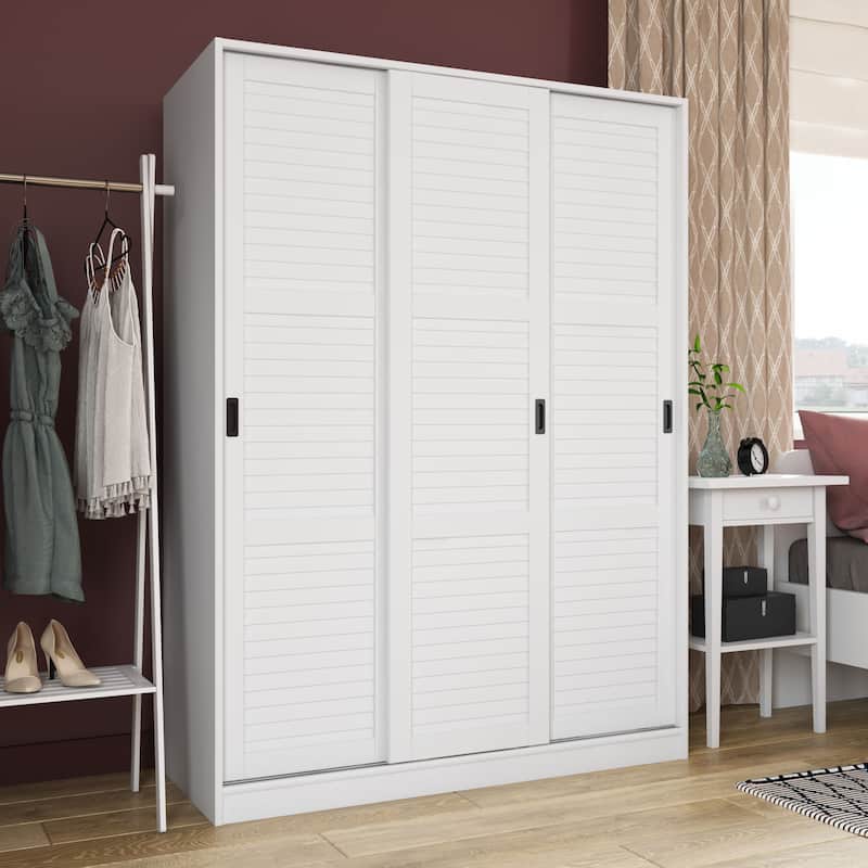 Palace Imports 100% Solid Wood Wall Closet System of Wardrobe Armoires with Mirrored, Louvered or Raised Panel Sliding Doors - 52"-White-Louvered