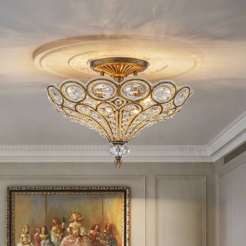 4-Light Glam Flush Mount Ceiling Light with Crystal Accents - Antique Gold