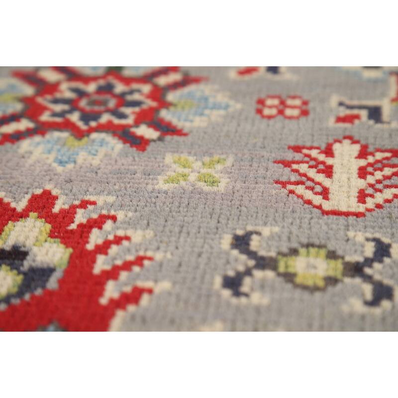 Geometric Kazak Oriental Accent Rug Grey Hand-Knotted Wool Carpet - 2'0" x 3'0"