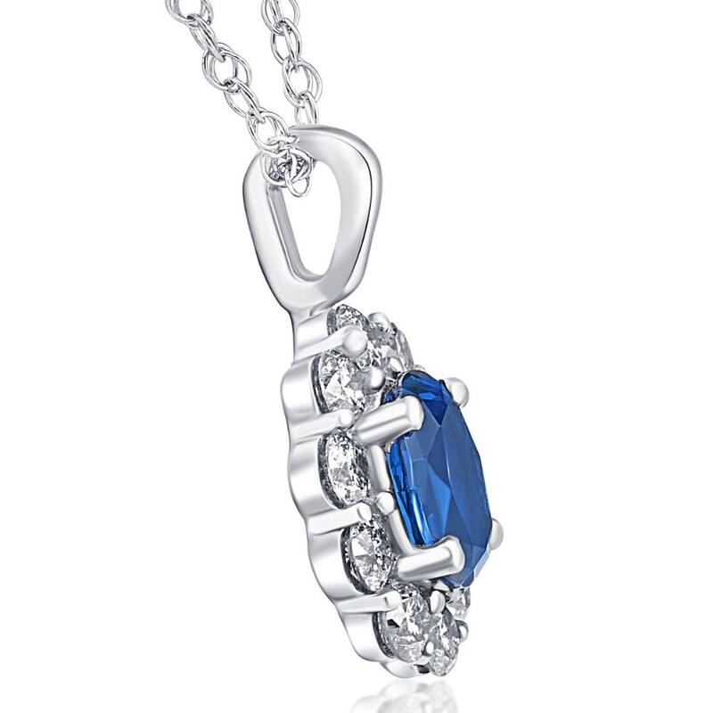 2 ct Oval Created Blue Sapphire & Genuine Diamond Halo Pendant White Gold