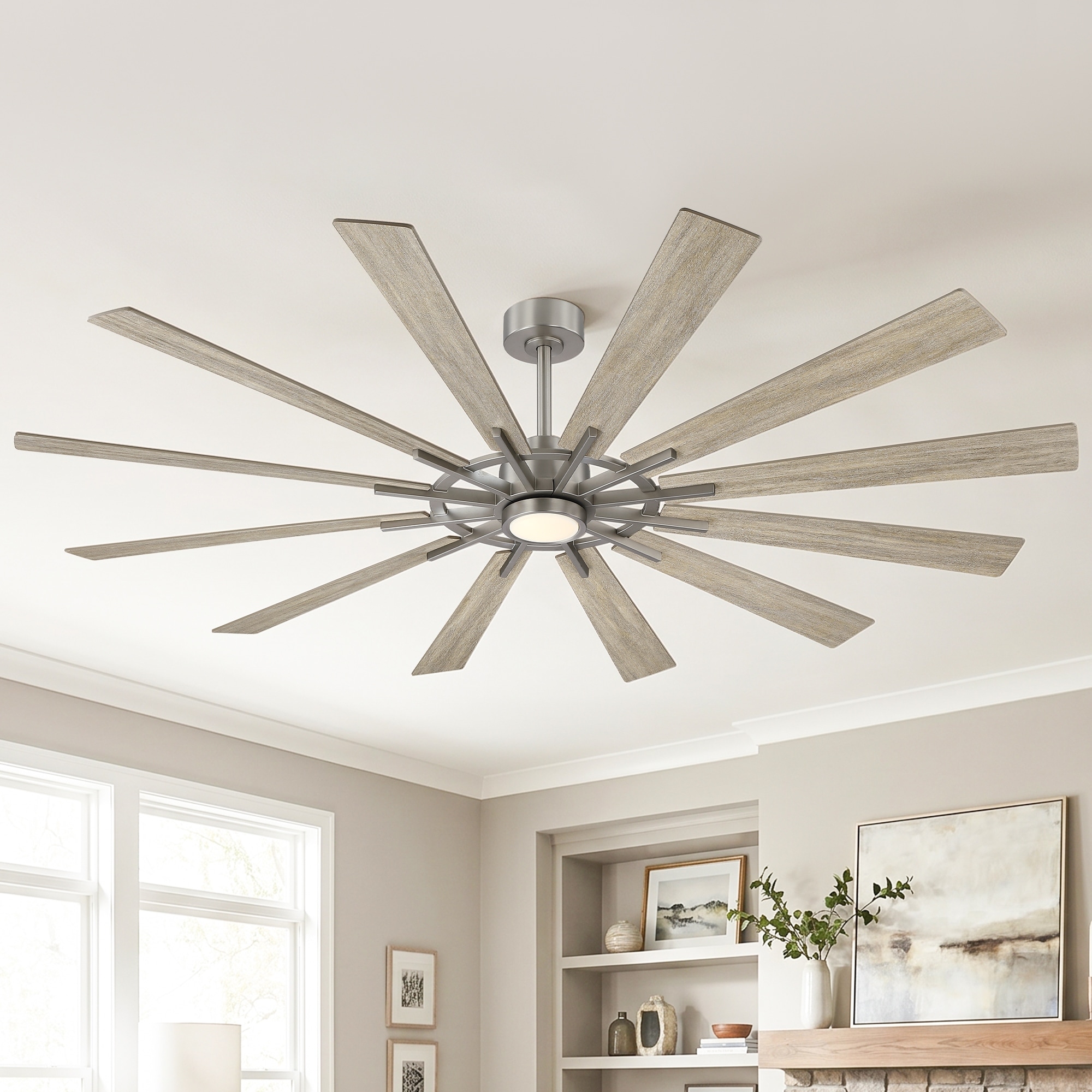 72 Inch Nickel Farmhouse 12-Blade Windmill Dimmable LED Ceiling Fan with Light and Remote