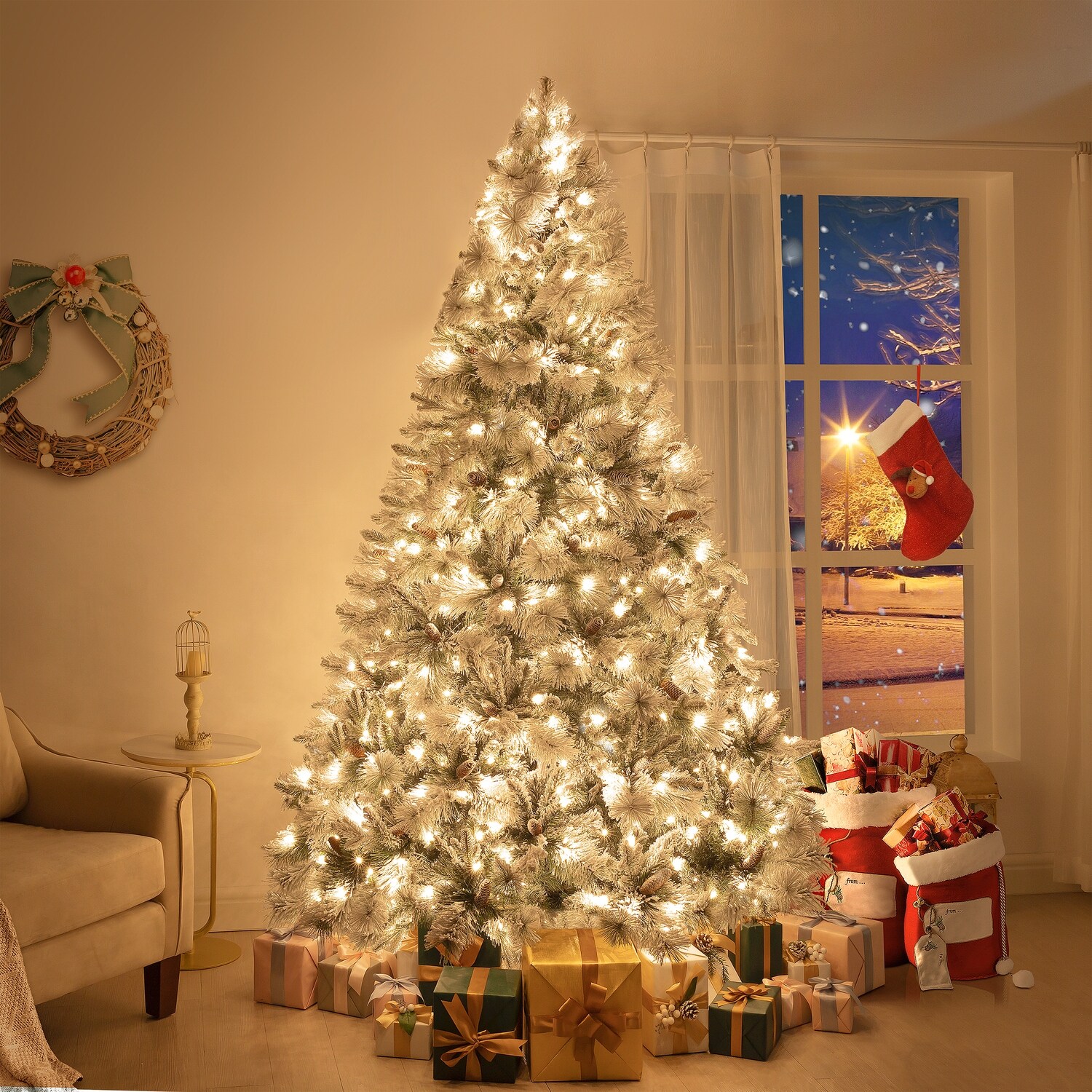 Large white christmas shop tree lights