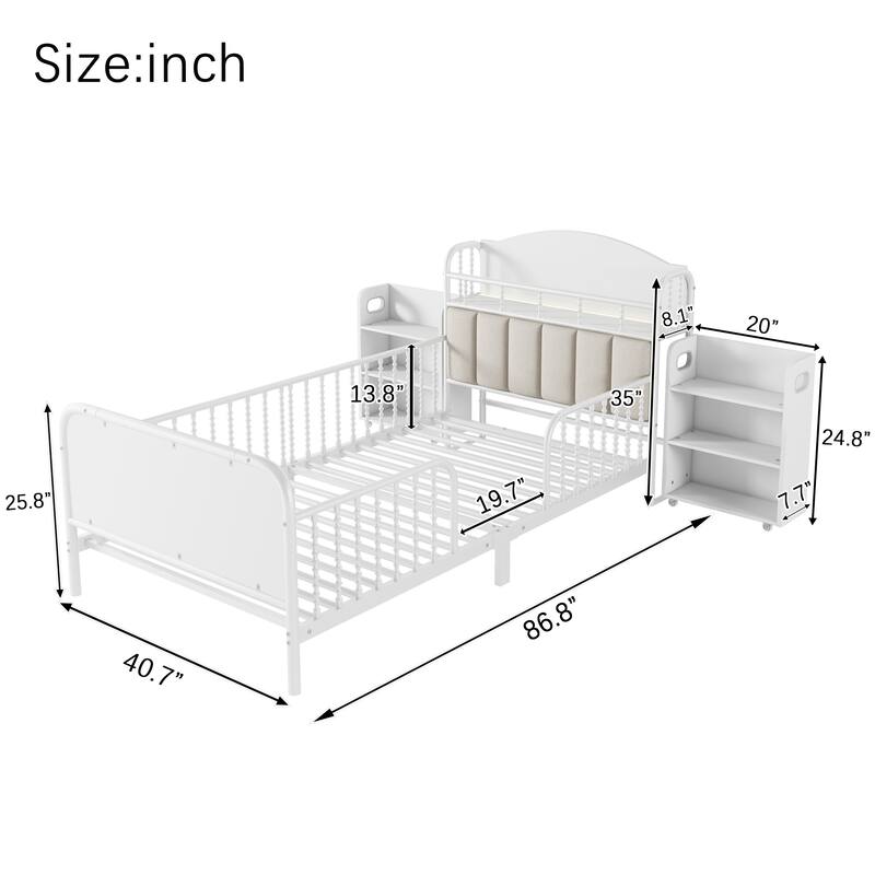 Kids Platform Bed Metal Frame with Linen Fabric Upholstered Storage Headboard Built-in Light Strip, Both Sides Rails