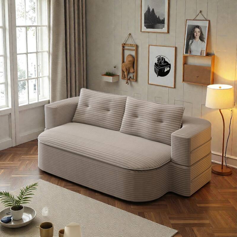 78.7 Inch Convertible Floor Sofa Bed, Plush Corduroy Sleeper Couch with Blanket and 2 Pillows, Deep Seat