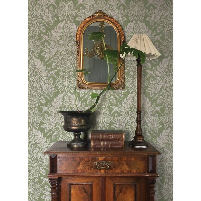 Chris Loves Julia x A-Street Prints Finch Light Green Woodland Damask Wallpaper