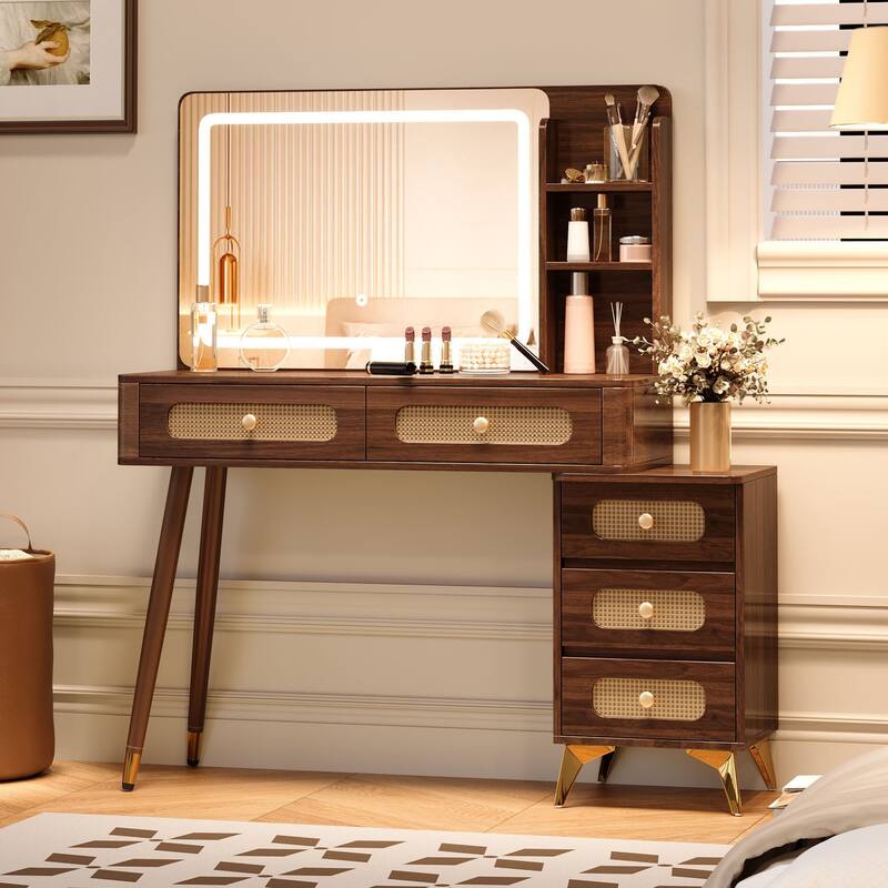 47"Makeup Vanity with Mirror and Lights, Vanity Desk with 5 Drawers and Storage Shelf, 3 Color Modes and Adjustable Brightness - Dark Walnut