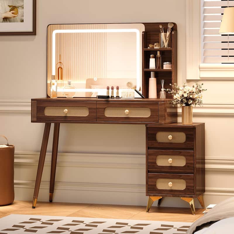 Retro Rattan Makeup Vanity Desk with 5 Drawers and Storage Shelf, Dressing Table with Rectangular Mirror and Touch Light