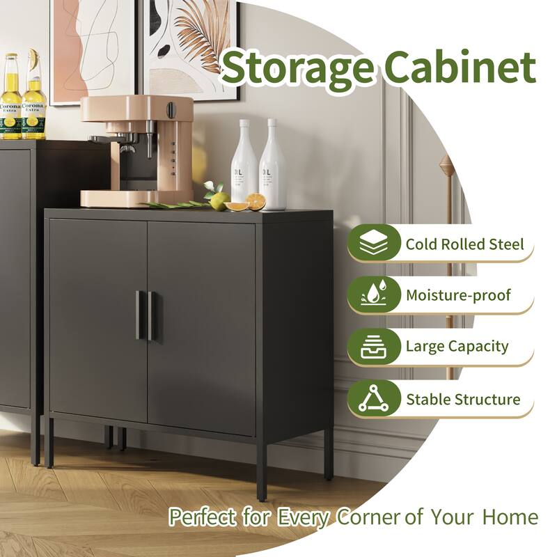 Metal Storage Cabinet with 2 Doors and 2 Adjustable Shelves, Steel Lockable Garage Storage Cabinet