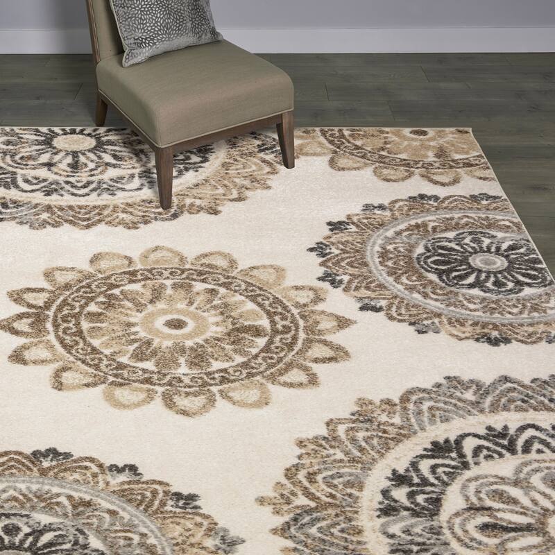 Gertmenian Fosse Wheels Transitional Floating Lace Medallions Beige/Brown/Ivory Area Rug 3 Piece Set - 2' 2" x 6'