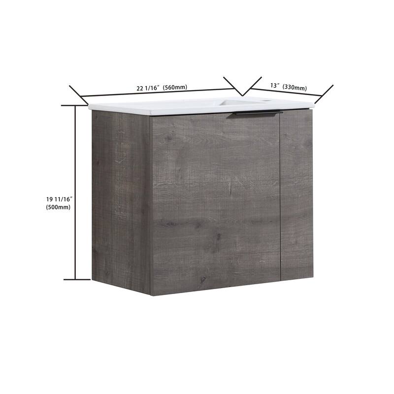 22 inch Plywood Wall-Mounted Bathroom Vanity in Grey Oak with Integrated Ceramic Sink in White with Soft Closing Door