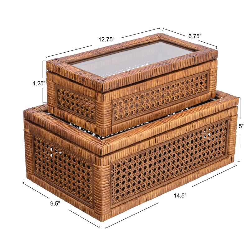 Woven Rattan Display Boxes with Glass Lids & Fir Wood Frame