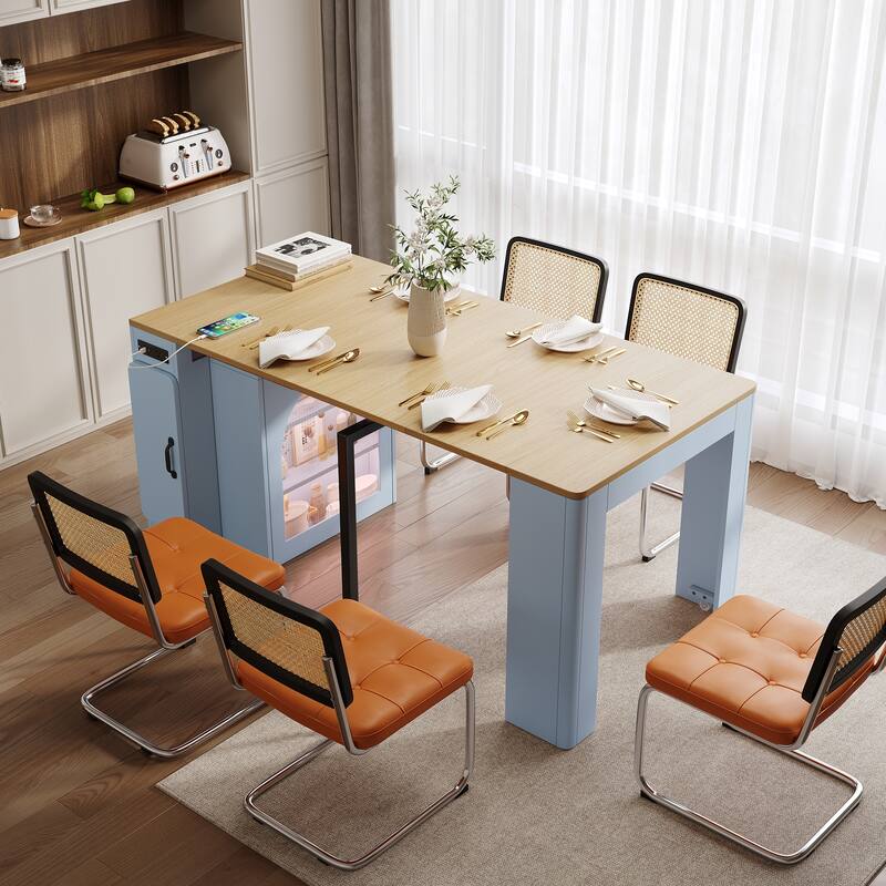 Extendable Dining Table with Removable Leaves, Rolling Kitchen Island with Power Outlet, Sideboard Cabinet with Storage