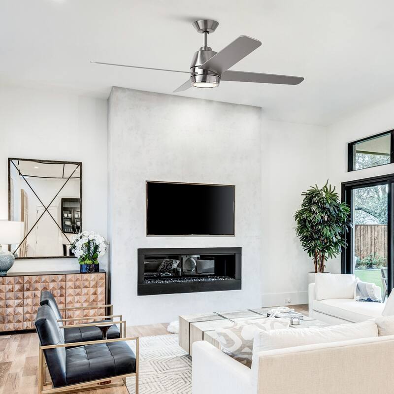 54" Brushed Nickel Plywood 4-blade Modern Ceiling Fan with Light and Wall Control