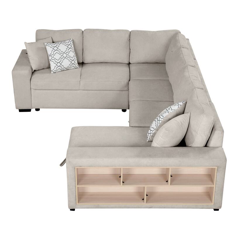 Beige 109" U-Shaped 6-Seater Sectional Sofa with Pull-Out Bed, Storage Chaise Lounge, 4 Back Pillows, and USB Charging Ports