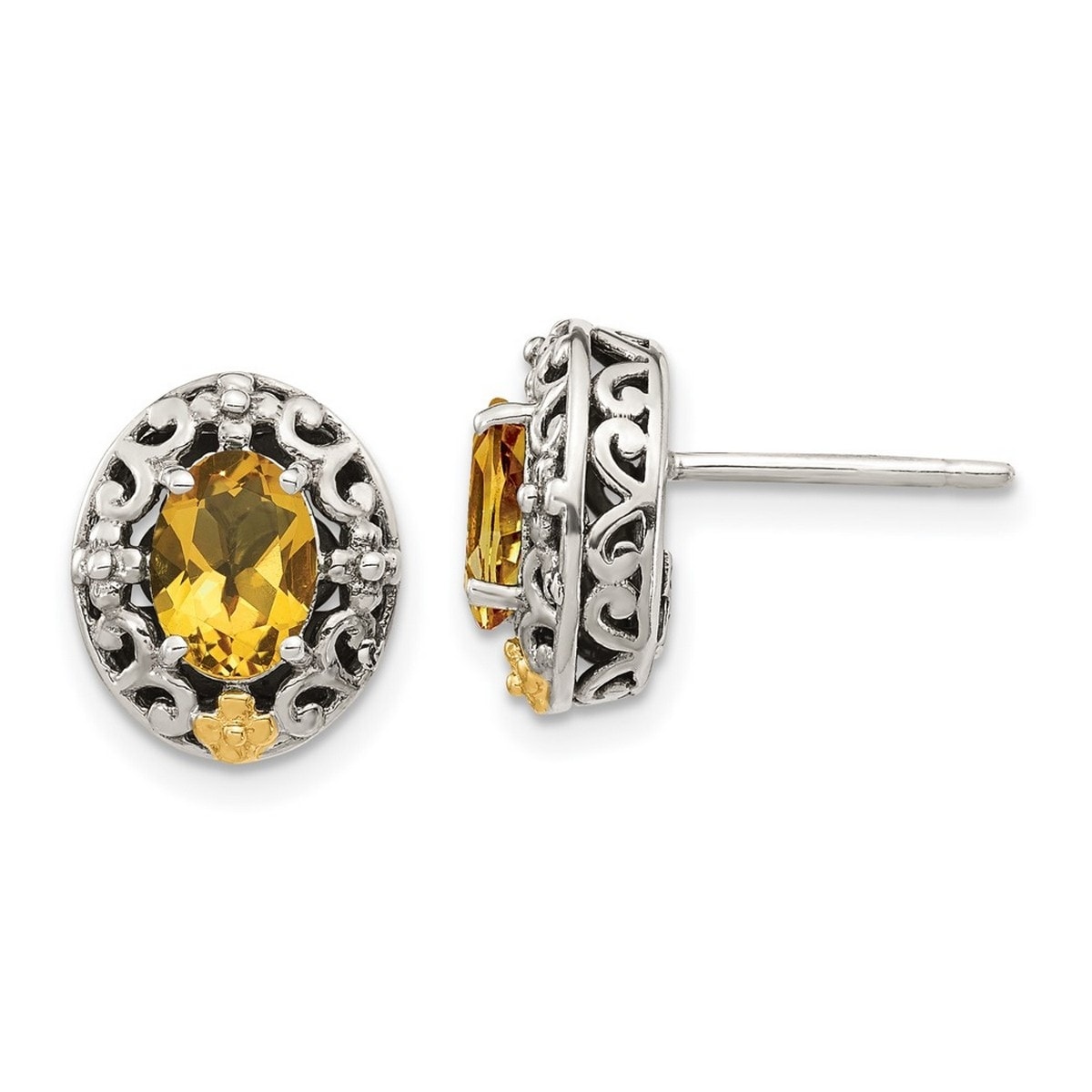 Curata 925 Sterling Silver With Real 14k Accent Citrine Balinese Post Earrings