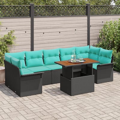 vidaXL 8 Piece Garden Sofa Set with Cushions Black Poly Rattan - 113.8×52.2×27.2