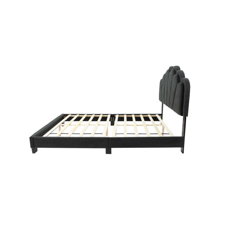 Queen Wool Fabric Platform Bed with LED Headboard & Floral Design