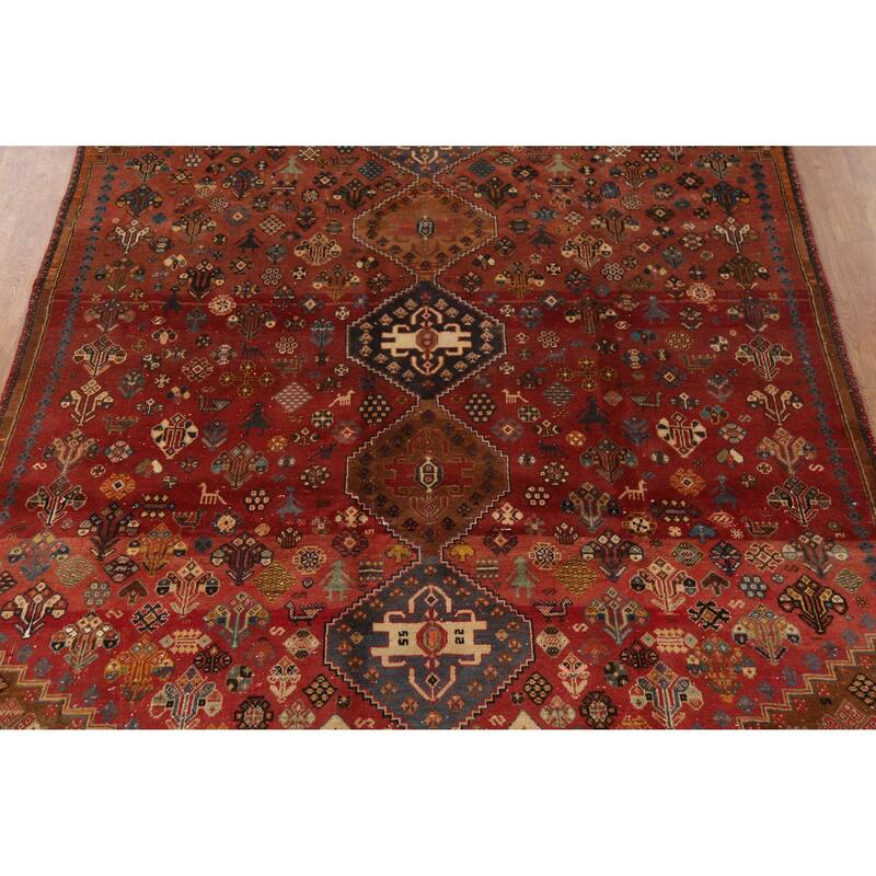 Hand Knotted Oriental 100% Wool Carpet Traditional Tribal Red Shiraz Area Rug - 8' 10'' X 5' 10''