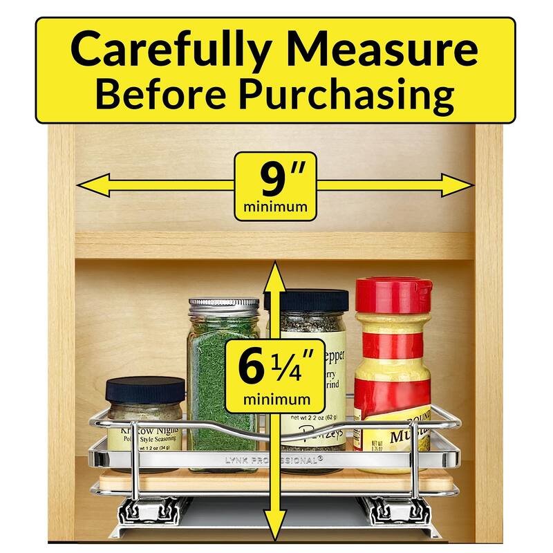 ® Élite™ Pull Out Spice Rack Organizer 8-1/4 inch Wide Slide Out Rack Wood and Chrome Sliding Spice Organizer Shelf