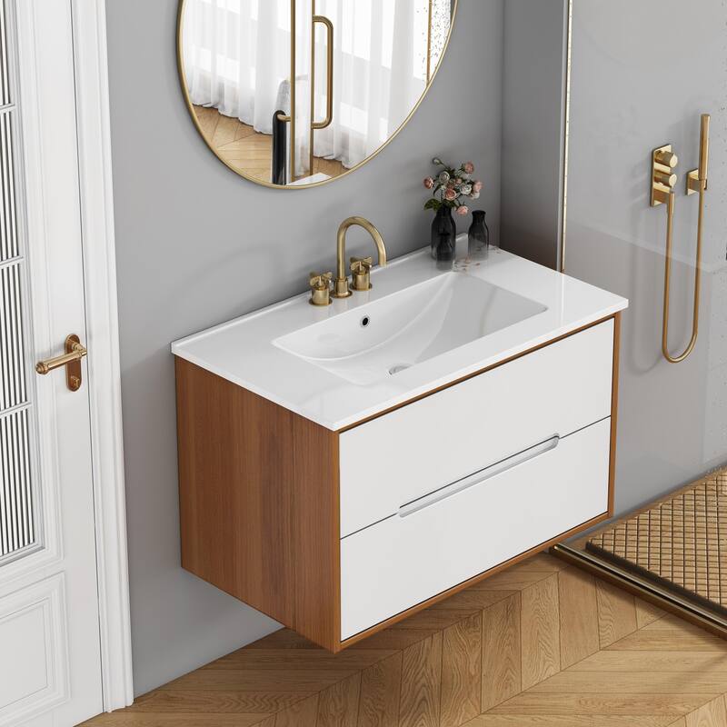 32 Inch Floating Bathroom Vanity with Sink & Double Drawers, Wall-Mounted Bathroom Vanity Base with Ceramic Basin