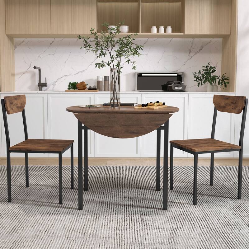 3-Piece Modern Round Dining Table Set Solid Wood Drop-Leaf Kitchen Table with 2 Chairs, Space-Saving Dining Set for Small Spaces