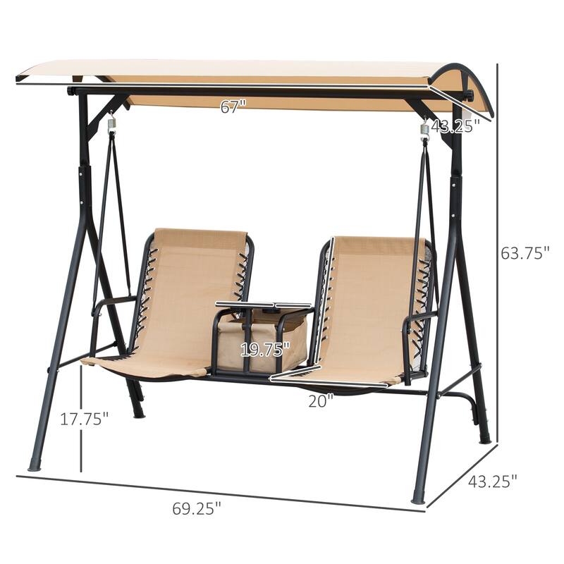 Steel 2-Seat Patio Swing with Canopy, Cup Holders and Storage Table (528lb Capacity)