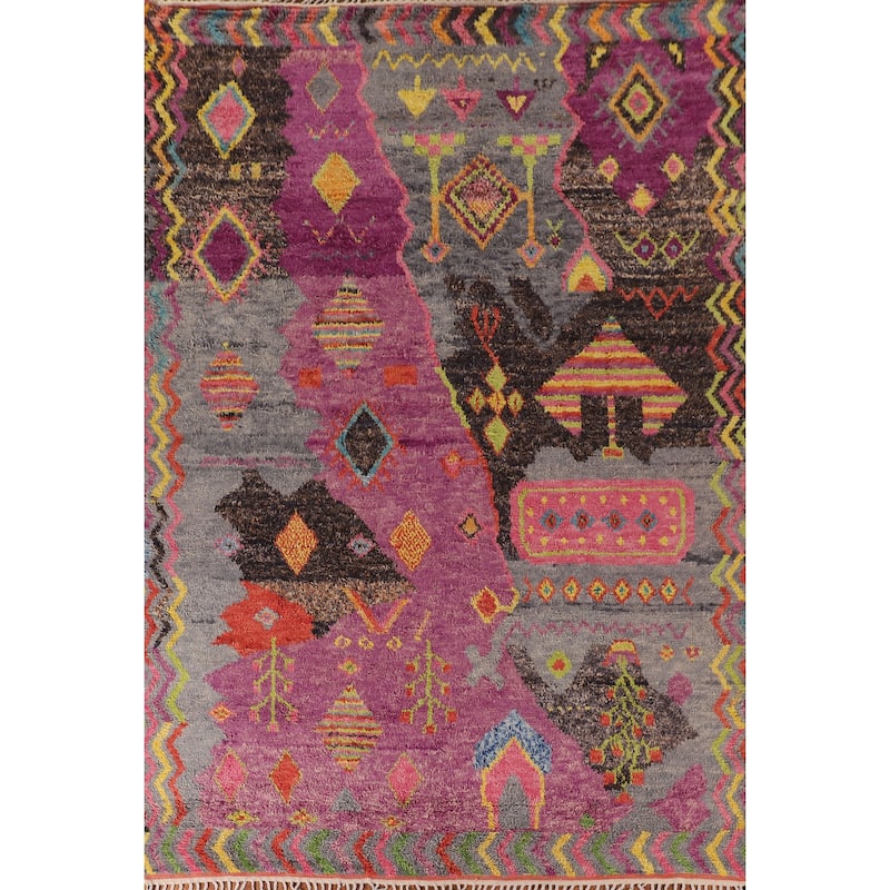 Tribal Plush Moroccan Area Rug Hand-Knotted Wool Carpet - 9'0" x 12'5"