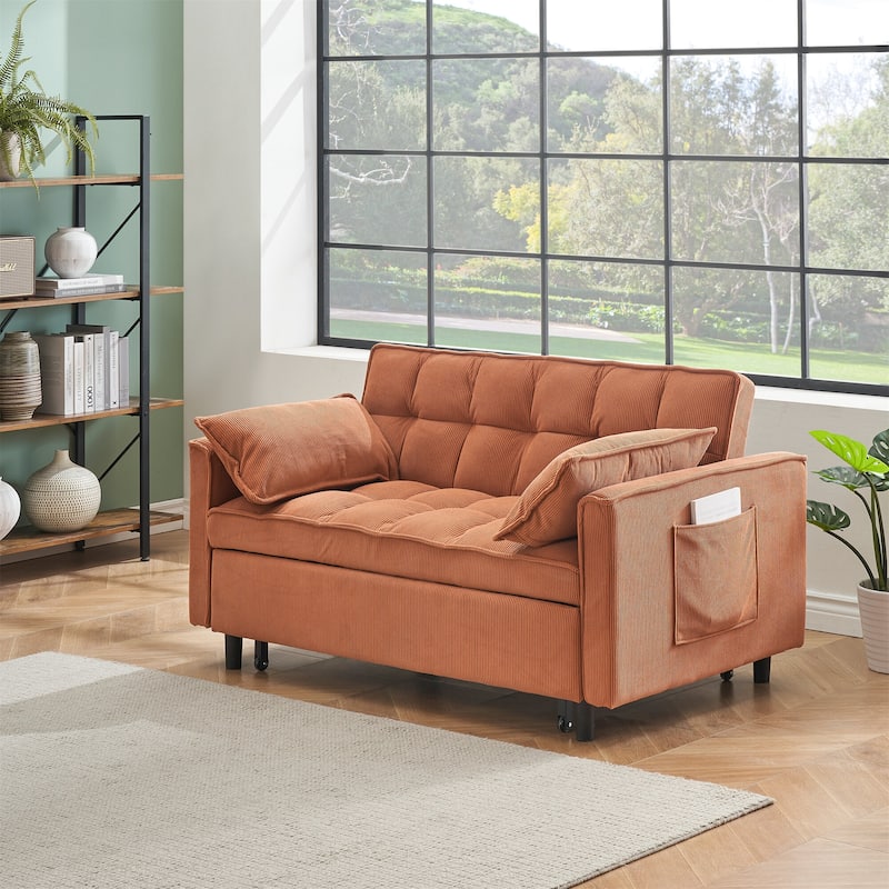 54.3'' Modern Corduroy Upholstered Convertible Sofa Bed with Side Pocket and Pillows - Orange
