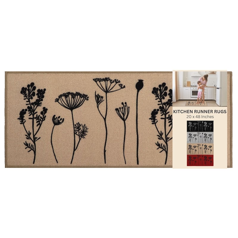 Wool Effect Wildflowers Kitchen Mat or Runner Rug - Runner Mat 48"L x 20"W - Tan/Black