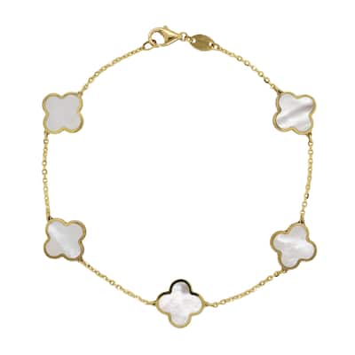 Italian Gold 14K Yellow Gold Mother of Pearl Clover Station Brcelet 10mm Clover size 2grams
