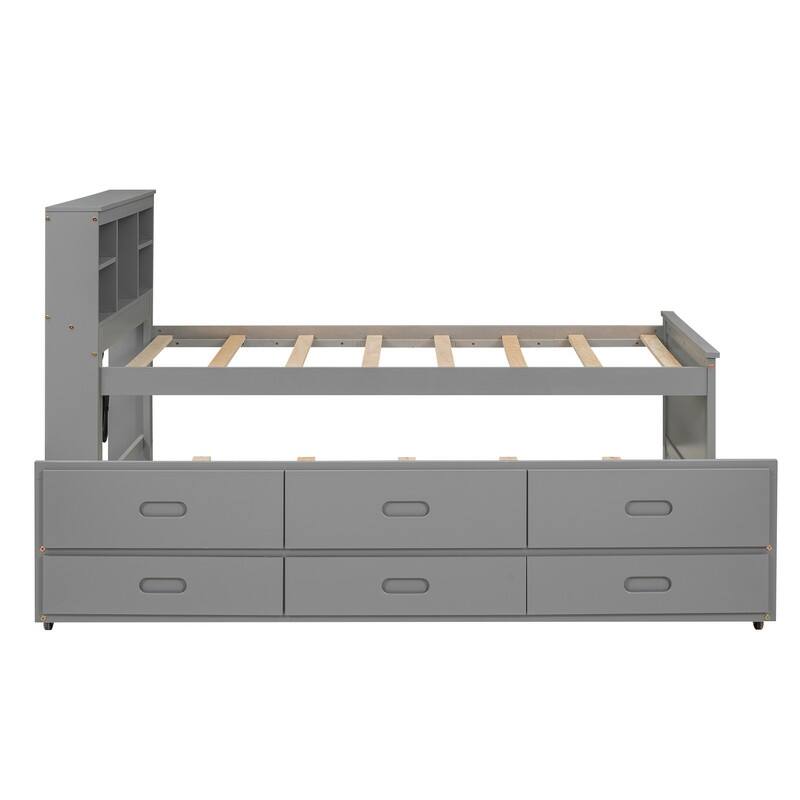 Wooden Twin Size Platform Bed with Storage Headboard, USB, Twin Size Trundle and 3 Drawers