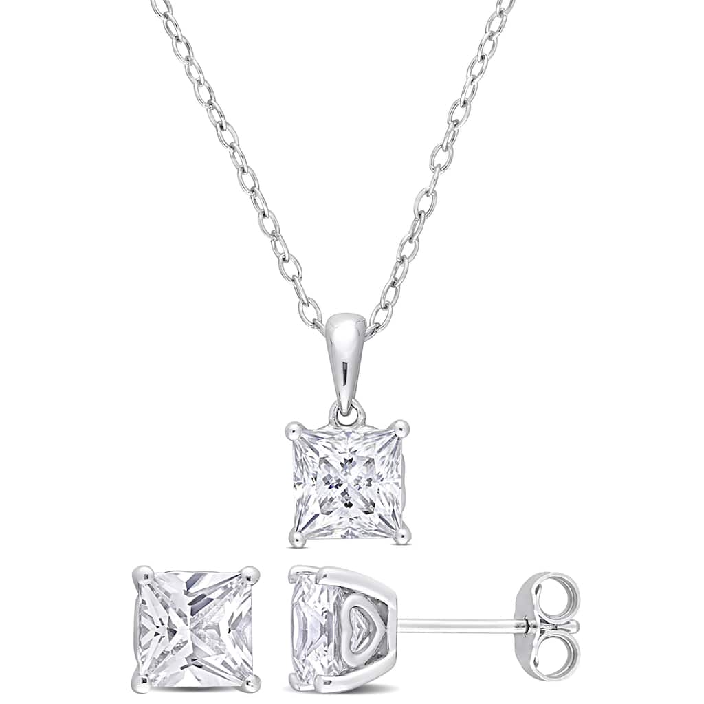 Miadora 3 7/8ct TGW Created White Sapphire Necklace and Stud Earrings Set Sterling Silver