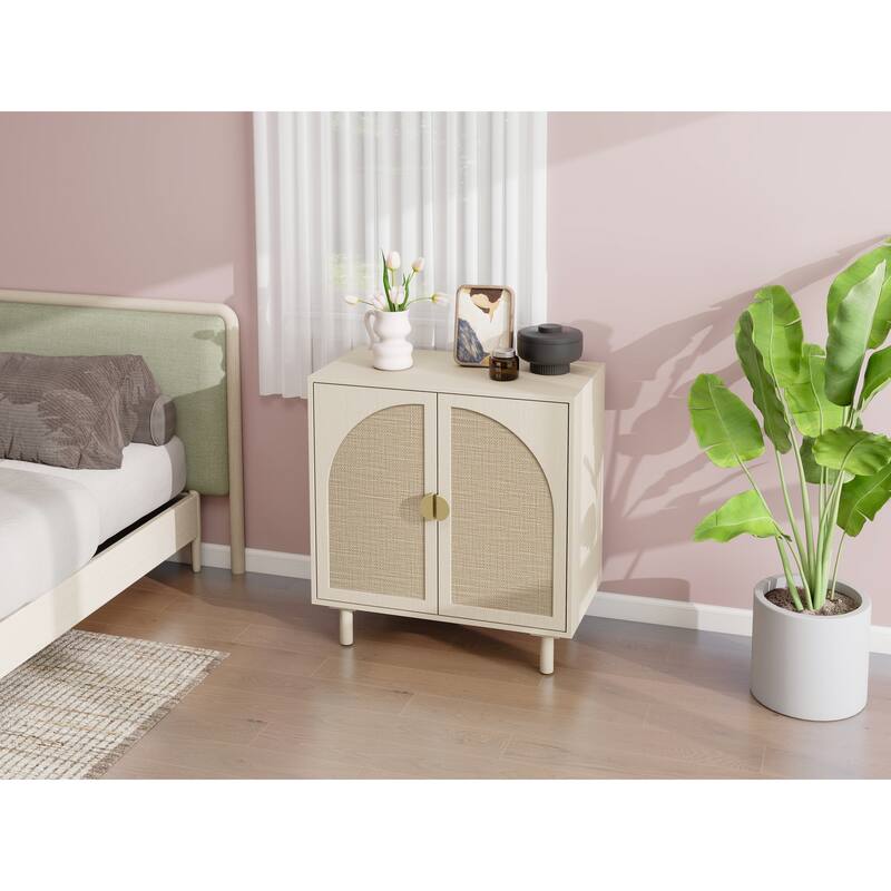 Rattan Decorative Cabinet Dining Cabinet with Semicircular Metal Handles, Rustic Credenza Console Cabinet