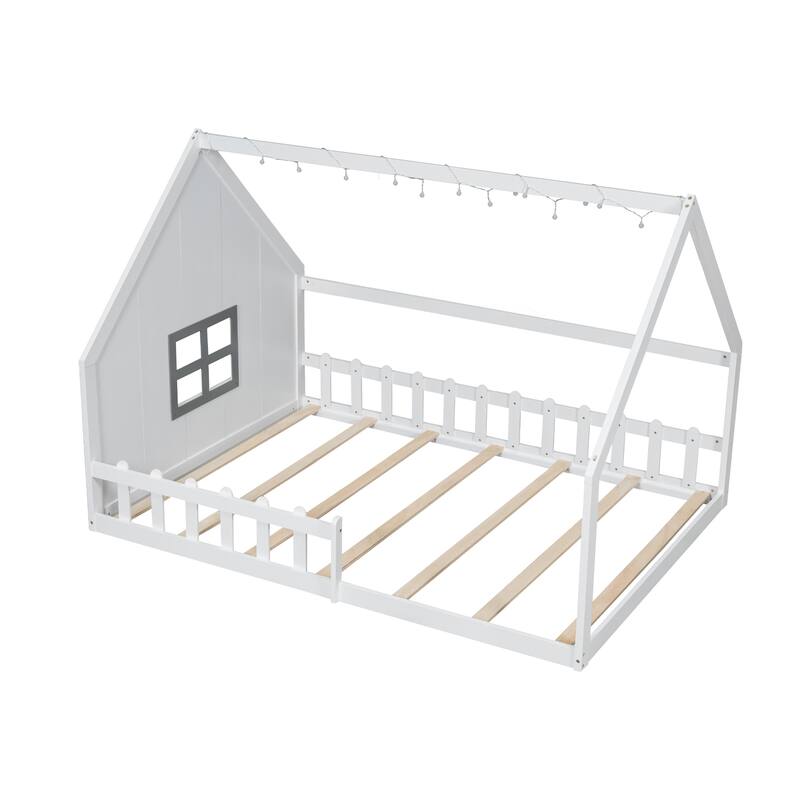 Full-Size Wood House Bed with Window and Fence, Full Bed Frame