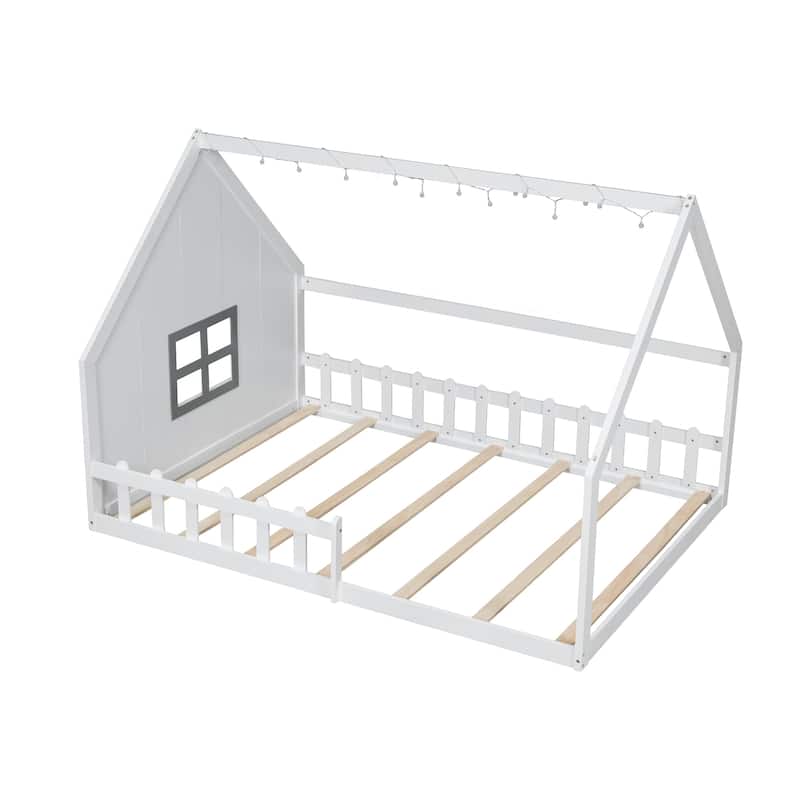 Solid Pinewood Full Size Floor House Bed Frame with Window and Fence