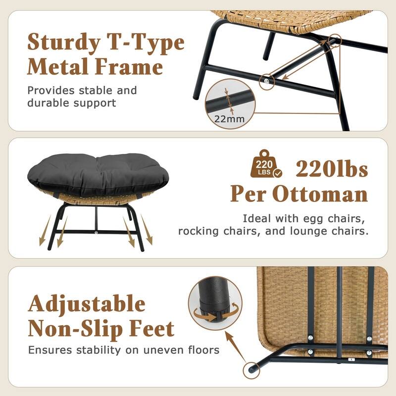 2-Piece Outdoor Wicker Ottomans with Cushions, Weather-Resistant Boho Patio Rattan Footrests for Garden, Porch, and Balcony