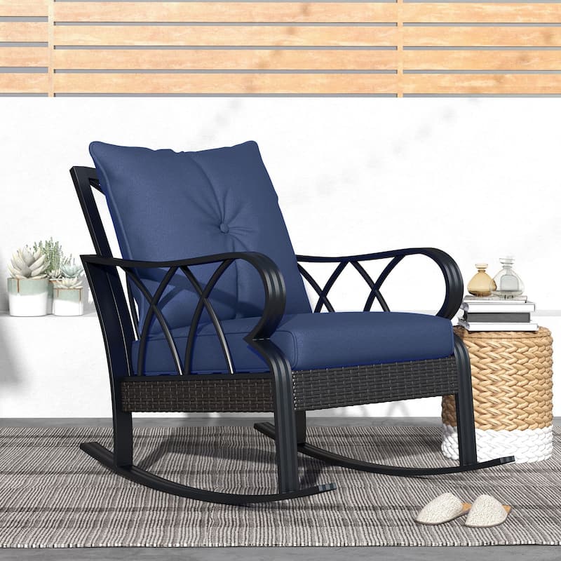 Outsunny Outdoor Wicker Rocking Chair with Padded Cushions, Aluminum Furniture, Rattan Porch Rocker Chair w/ Armrest for Garden