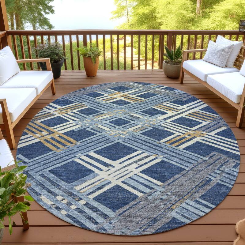 Machine Washable Indoor/ Outdoor Modern Trellis Chantille Rug - Navy - 8' x 8'