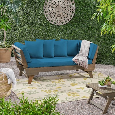 Outdoor Patio Sofa Bed, Small Wood Patio Loveseat with Adjustable Armrests & Removable Cushions, Convertible Couch, for Balcony