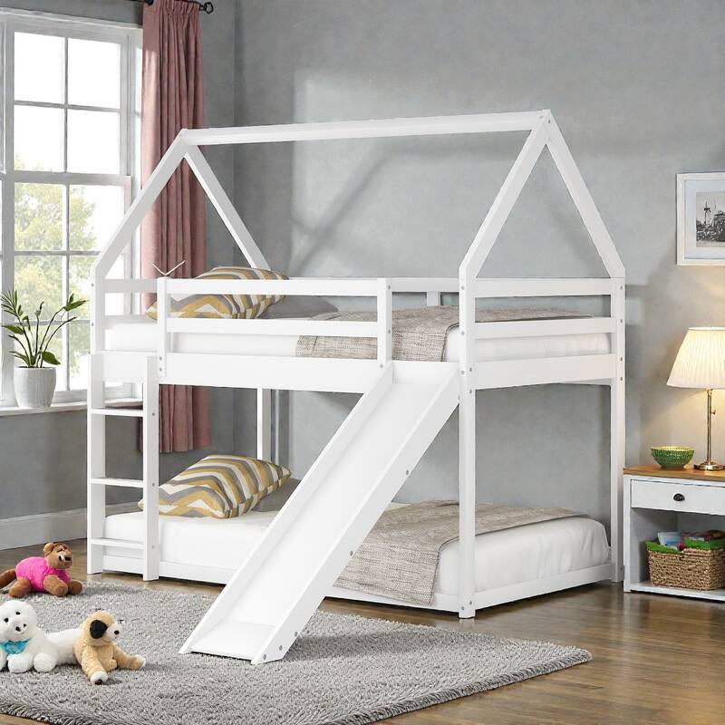 Twin House Bunk Bed with Slide and Ladder, Kids Wooden Bunk Bed Frame with Guardrails, Pine Wood and MDF - White - Twin