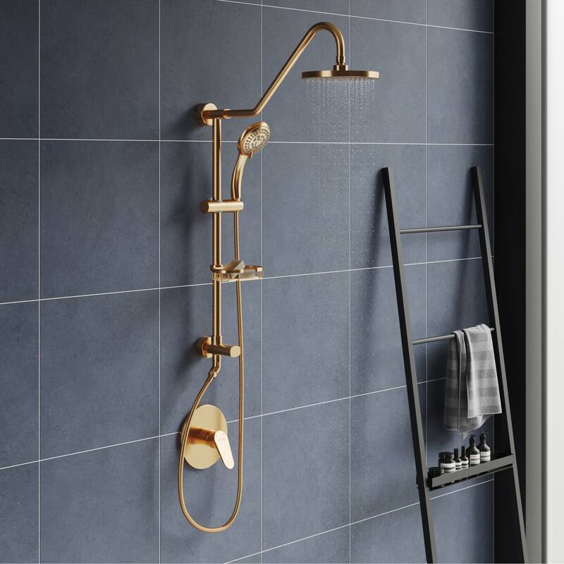Kauai III 8-in Rain Showerhead Shower System with Slide Bar and Integrated Soap Dish Brushed Gold