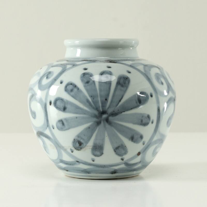 Approx 6 Inches Subtle Blue and White Vase with Flower Motif