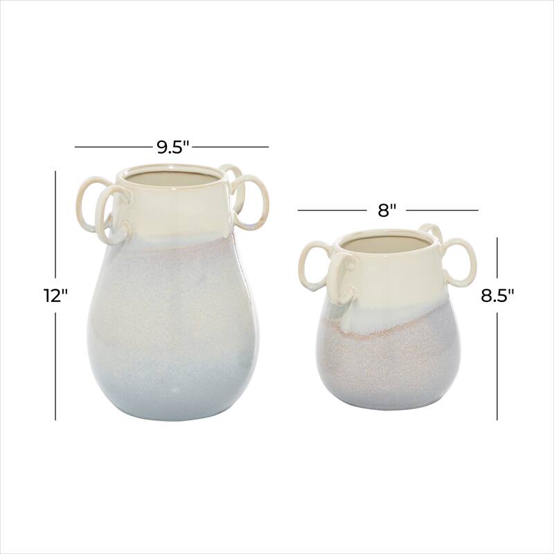 White Ceramic Decorative Vase with Handles (Set of 2) - 10 x 9 x 12